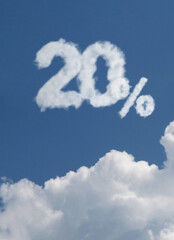Discount 20 percent symbol in the sky. Sale up to Twenty percent. Numbers float on a cloud, 3d rendering.