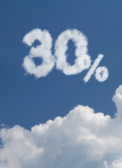 Discount 30 percent symbol in the sky. Sale up to thirty percent. Numbers float on a cloud, 3d rendering.