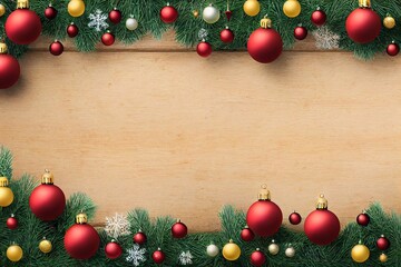 Fototapeta na wymiar christmas background with christmas tree branches and balls on wooden background with free space for text
