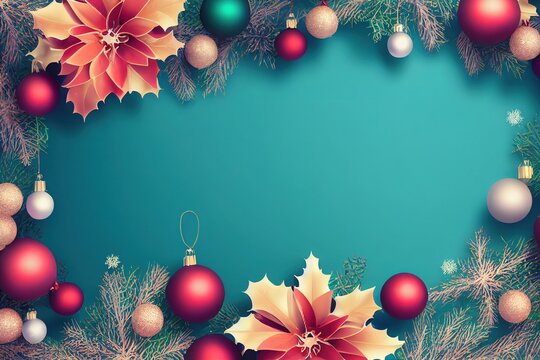 christmas background with balls and fir branches on blue green background with free space for text