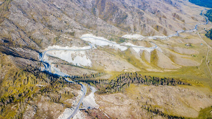 Bird's eye view of the Chike-Taman pass in summer, Mountain Altai Republic, Russia.