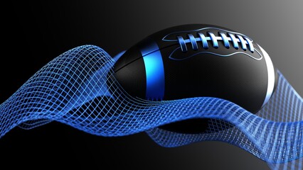 Black-blue American foot ball with blue mathematical geometric grid line wave under black background. Concept 3D CG of sports technology, strategic ideas and intellectual analysis of operations. © DRN Studio