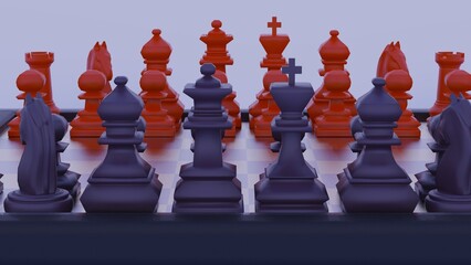 Metallic red-purple chess figures on a board under blue flare background. Chess board game concept of business ideas and competition and strategy ideas concept. 3D illustration under selective focus.
