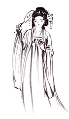 girl with a fan in Chinese ancient costume, graphic black and white drawing