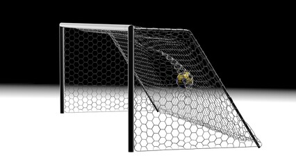 White-Black Soccer Ball in the Goal Net under black-blue background. 3D illustration. 3D CG. 3D Rendering. High resolution.