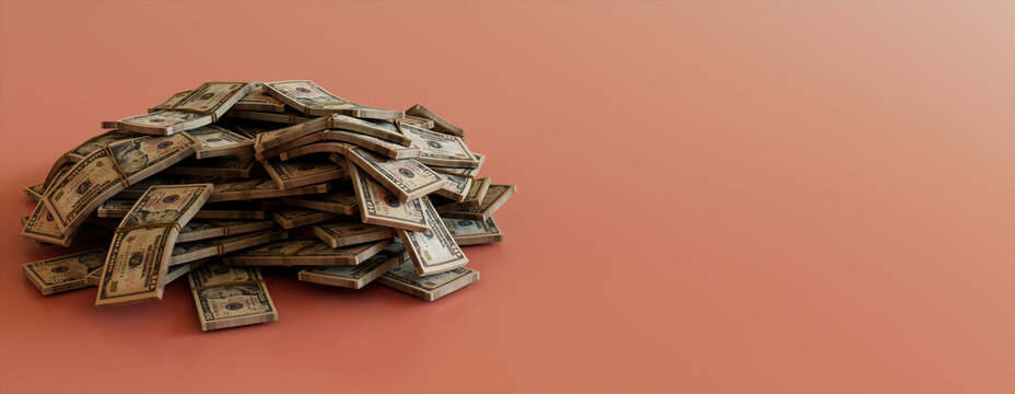 Stack of Currency Bundles. Wealth Banner with Ten Dollar Bills and copy-space.