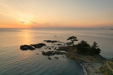 Obraz premium 海面にうつる夕日と海岸沿いの木々