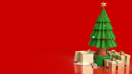 The Christmas tree and gift box on red background for holiday concept 3d rendering
