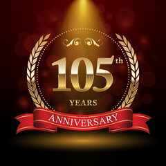 105th Anniversary. Anniversary logo design with Laurel wreath and red ribbon for celebration event, wedding, invitation, greeting card. Vector illustration