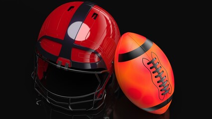 American football Red-Black helmet and Red-Black Ball under foggy black laser lighting. 3D illustration. 3D CG. 3D high quality rendering.