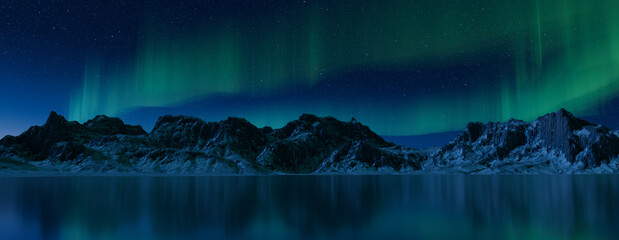 Green Aurora Sky over Snow covered Landscape. Majestic Northern Lights Banner with copy-space.