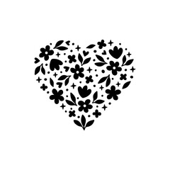 Floral heart vector illustration. Hand drawn black silhouette with flowers, herbs, leaves for holiday - Valentine Day, Mothers Day, Womens Day. For greeting card, invitation, t shirt print, poster.