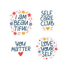 Mental health vector lettering set. Self care and love saying. Positive phrase illustration isolated on white. Typography inspirational quote for poster, t shirt print, card.