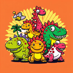 Naklejka premium Doodle illustrations of funny friendly dinosaurs