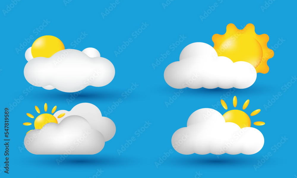 Wall mural illustration set collection 3d weather forecast sign meteorological sun cloud isolated on background