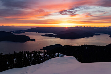 Sunset view from Mount Strachan (Cypress ski area) in Vancouver metro area, overlooking Howe Sound and Pacific Ocean, British Columbia, Canada