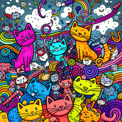 Doodle very colorfull illustration of friendly cute cats