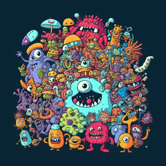 Doodle illustration of colorfull friendly funny monsters