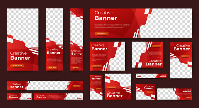 Creative web banners of standard size with a place for photos. Gradient red. Business ad banner. Vertical, horizontal and square template.