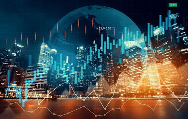 As background for a financial or business concept, digital screen and financial graphs overlap on a picture of modernistic cityscape, skyscrabbers.