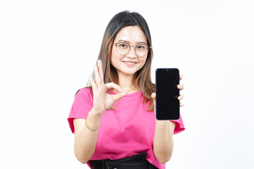 Showing Apps or Ads On Blank Screen Smartphone Of Beautiful Asian Woman Isolated On White Background