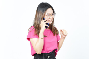 Talking on the smartphone with Angry face Of Beautiful Asian Woman Isolated On White Background