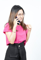 Talking on the smartphone with Angry face Of Beautiful Asian Woman Isolated On White Background