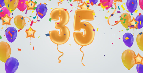 Elegant Greeting celebration 35 birthday  Happy birthday, congratulations poster. Balloons numbers with sparkling confetti. Vector