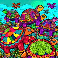 Doodle very colorfull illustration with turtles