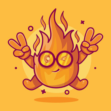 cute fire flame character mascot with peace sign hand gesture isolated cartoon in flat style design