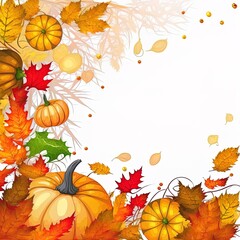 Autumn composition Autumn banner with copy space Pumpkin, red yellow leaves on white background Fall, halloween concept , anime style