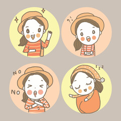 four characters of girl, smiling face, 
wonder, refuse, sleep, freehand drawn cartoon, vector illustration