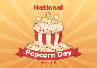 National Popcorn Day on January 19th with a Big Box of Red and White Stripe in Flat Cartoon Background Hand Drawn Templates Illustration