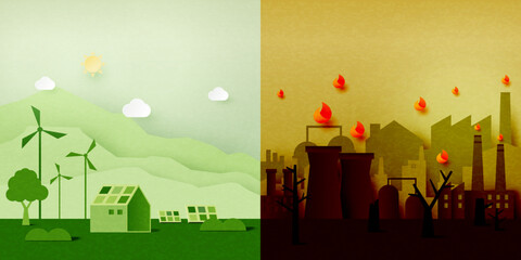 Global warming and climate change concept.Pollution and green environment background.Paper art of ecology and environment concept.Vector illustration. - obrazy, fototapety, plakaty