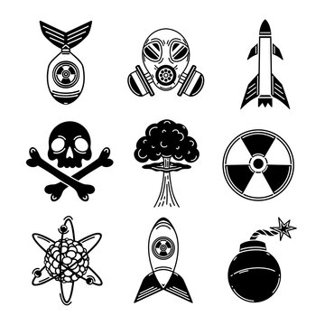 War vector icon set. Armed conflict symbols - nuclear bomb, atomic explosion, missile, radiation, gas mask, skull with crossbones. Black and white silhouette of a dangerous weapon. For apps, web, logo