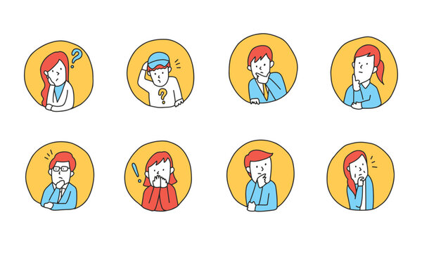 困った表情、考える表情の人々のイラストアイコンセット　サークルアイコン