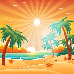 Fototapeta na wymiar beach lanscape with sun and palms, sunny 2d illustrated background with beach and sea