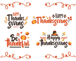 Thanksgiving tags with lettering illustation calligraphy text set, badges, emblems, etc. vector handwritten colorful label of give thanks, be thankful.