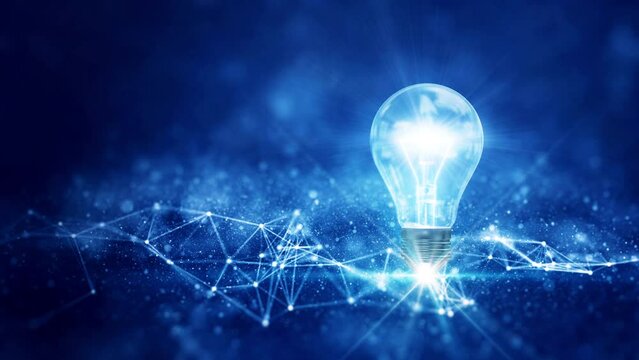 business idea creative concept technology. A light bulb illuminated above a polygon on a dark blue background.