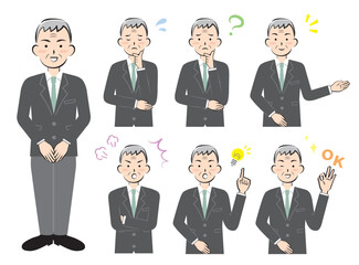 スーツ姿のシニア男性の表情　ポーズ　セット