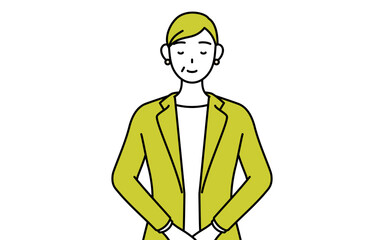 軽く会釈（お辞儀）をするスーツ姿のシニア女性、女性管理職・キャリアウーマン