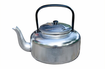 New silver kettle with black hot protection handle on white background