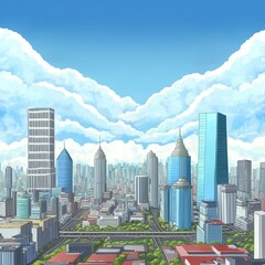Fototapeta na wymiar Aerial View of Jakarta Downtown Skyline with High Rise Buildings With White Clouds and Blue Sky, Indonesia, Asia