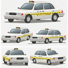 cartoon taxi car from the back, front and side view. 