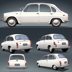 cartoon white car from the back, front and side view. 