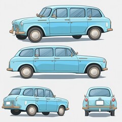 cartoon light blue car from the back, front and side view. 