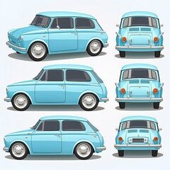 cartoon light blue car from the back, front and side view. 