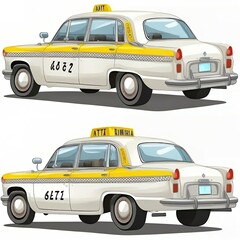 cartoon taxi car from the back, front and side view. 
