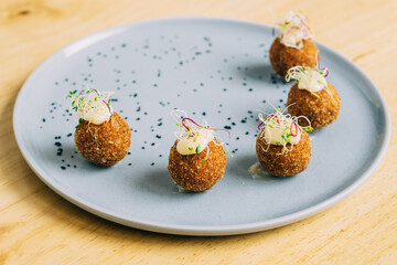 Gourmet food dish on a table.