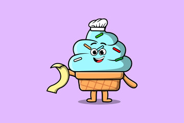 Cute cartoon Ice cream chef character with menu in hand cute style design illustration
